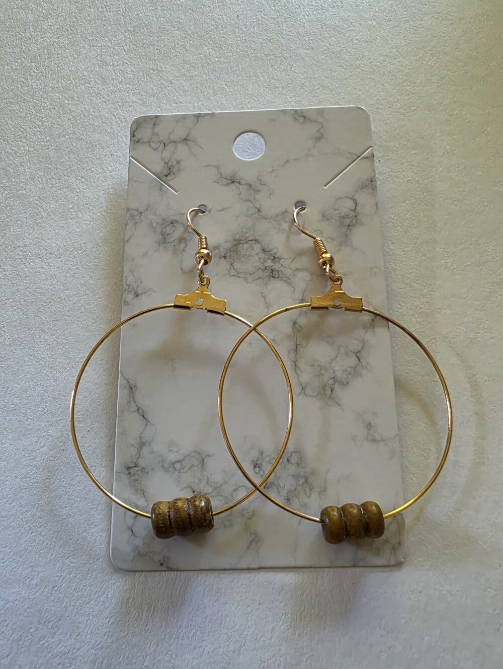 Gold Hoop Earrings with Brown Bead Accent